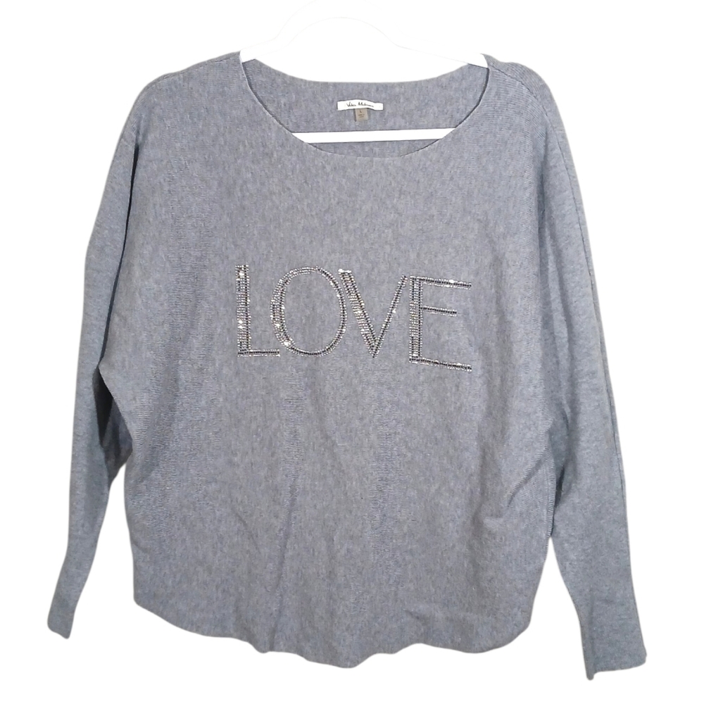Vila Milano Gray Lined Texture Love Rhinestone Stretch Sweater